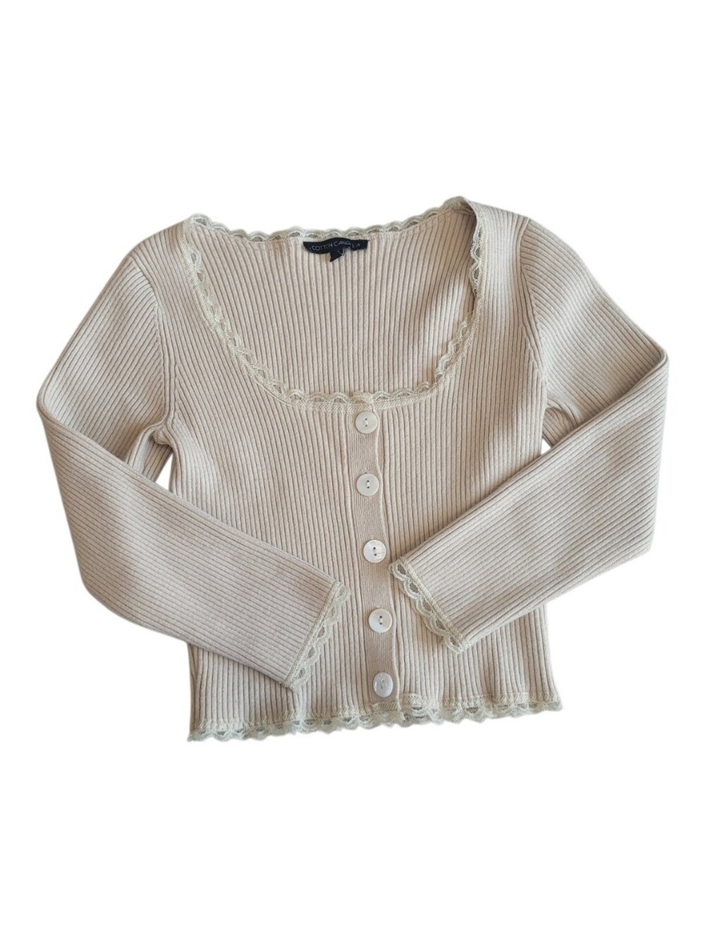 Like New Cotton Candy Cream Ribbed Lace Trim Button-Front Sweater Cardigan Sz S